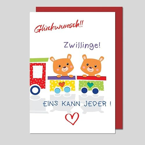Michel Verlag Tarjeta de felicitación para nacimiento de gemelos, incluye sobre, nacimiento de gemelos, para niños, niñas o mixtas, idea de regalo para nacimiento, recién nacidos, 12 x 17 cm