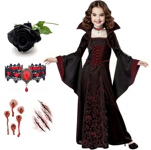 Anbnoco Déguisement Vampire Fille, Costume Halloween Enfant, Gothique Robe Vampire avec Collier, Rose Noire, Autocollant de Tatouage, pour Halloween, Carnaval, Cosplay, Fête à Thème (140cm)