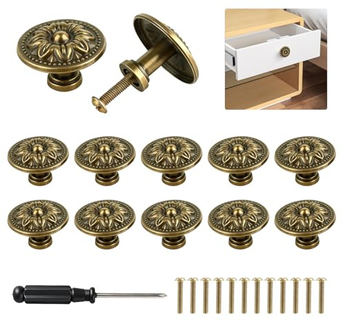MOKIDO 12 Stück Möbelknöpfe Vintage, 32 mm runde Schrankknöpfe Kommode | Schublade, Antik Bronze, Schubladenknöpfe Vintage, Kommodenknöpfe mit Schrauben, inkl. 90mm Schraubendreher, cabinet knobs