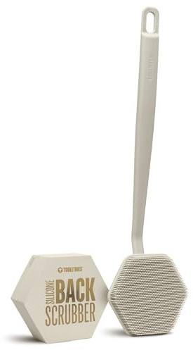 TOOLETRIES Silicone Back Scrubber for Shower, Bath Brush - Sand | Long ergonomic handle and non-slip grip make exfoliating hard-to-reach areas simple and comfortable.