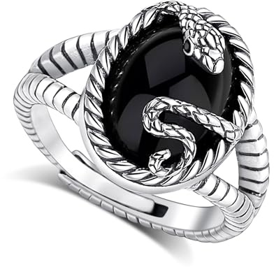 AEONSLOVE Drachen Ringe Silber 925 für Herren Damen, Wikinger Runen Vegvisir/Gothic Totenkopf Ring Verstellbar, Schlange Obsidian/Tetragrammaton Pentagramm/Wolf Offener Ring Vintage