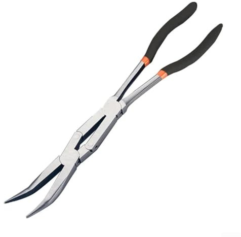 Long Reach Needle Nose Pliers with Compound Joint and Bent Tips Designed for Auto Repair, Electronics, and Craft Projects (45°)