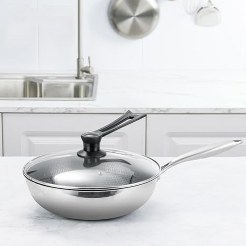 WIIYENA Wok de acero inoxidable con tapa, 32 cm de diámetro, inducción de 3 capas compatible para cocinar en casa en estufas de gas y eléctricas