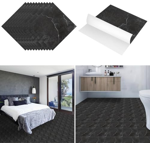 Jaxguom 30cm x 30cm PVC Bodenbelag Vinylboden Selbstklebend, 2 m²/ 22 Fliesen Selbstklebende Vinyl-Fliesen wasserdicht, Holzoptik, für Küche, Badezimmer, Schwarz Marmor