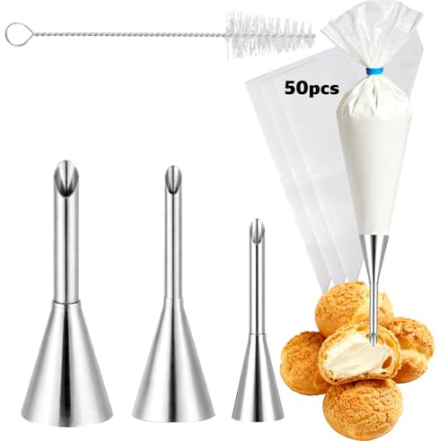 3pcs Puff Cream Filling Piping Tip Kit, Long Stainless Steel Piping Nozzle with 50 Pastry Bags Single Use & Cleaning Brush Cake Filler Injector Decorating Tool Set for Donut Cupcake Ice Cream Dessert