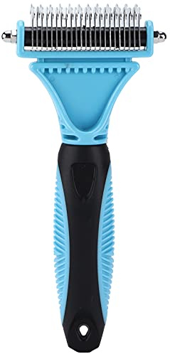 Peine rastrillo para subpelo de mascotas, cepillo desenredante de 2 caras para perros y gatos, herramienta de desplumado de acero inoxidable con dientes densos y poco densos para p