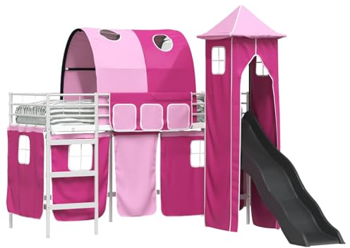 XHNIFBN Kinder Hochbett Weiß Rosa 90x190 cm Metallrahmen mit Türmen Rutsche Lattenrost für Mädchen Spiel & Schlaf Spielbett freistehend für Kinderzimmer und Gästezimmer