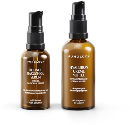 JUNGLÜCK Glatt Gepflegt Kombi – Retinol Bakuchiol Serum 30ml + Hyaluron Creme Mittel 50ml – mit 0,2% Retinol, 0,5% Bakuchiol & 0,5% Hyaluron – Well Aging Pflege für alle Hauttypen