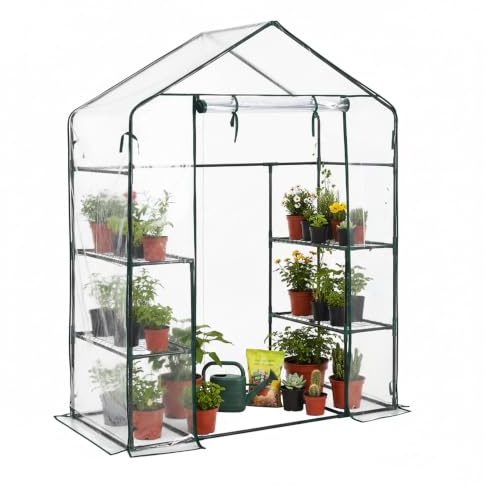 Baroni Home Serra a Casetta da Giardino 143x72x195 cm, Serra per Piante con Ripiani Portata 15 kg, Copertura in PVC Trasparente Resistente ai Raggi UV, Telaio in Acciaio, Porta con Cerniera