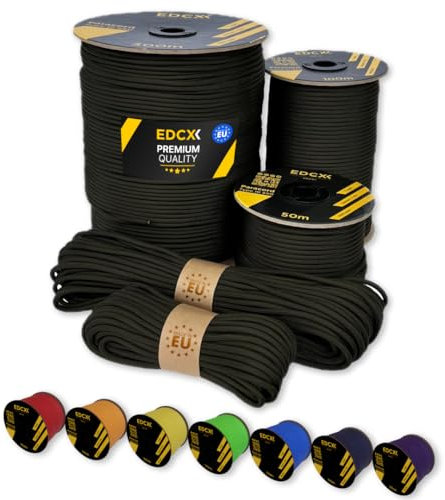 EdcX Paracord 4mm, 35+ Colori Solidi (10m, 15m, 30m, 50m, 100m, 300m) | Ideale per Campeggio, Sopravvivenza, attività all'aperto | Corda 100% Nylon 4 mm| Corda Tattica 550 Tipo III (Army Green, 15 m)