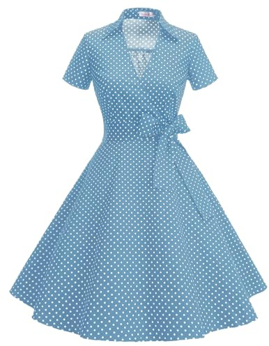 Timormode klänning 50-tal Audrey Hepburn Rockabilly Swing, veckad kortärmad klänning, Ljusblå, XXL