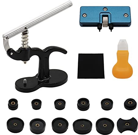 ValueHall Uhr Presse 16 Teilig Uhrendeckelpresse Uhr Einpresswerkzeug Set Rückseite Gehäuse Uhrenmacher Reparatur Werkzeug mit 12 Druckplatten Kunststoffeinsätze V8B06