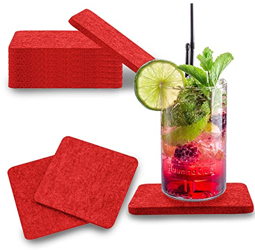 wortek Filzuntersetzer eckig für Gläser – 8er Set Glasuntersetzer für Getränke, Tassen, Bar, Glas - Ø 10cm Tischuntersetzer waschbare Untersetzer Gläser Rot Glas Untersetzer-Set