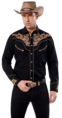 EL PIONERO Herr western skjorta långärmad broderad cowboy casual tryckknapp skjorta, Svart-gul, M