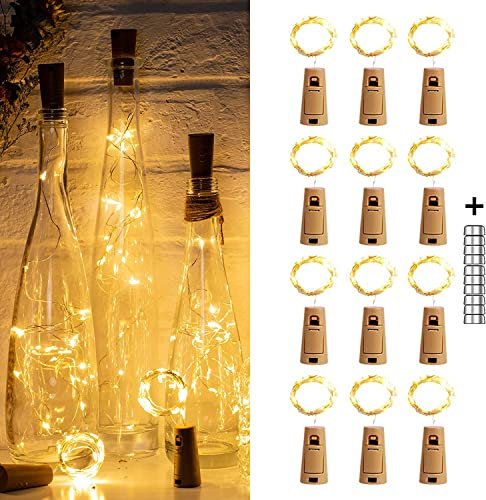 12 Pack Cork Wine Bottle Lights, 2M/6.6Ft 20 LED Battery Operated Starry Fairy Lights, Micro Artificial Copper Wire String Lights for DIY Christmas Party Bedroom Wedding Indoor Outdoor, Warm White