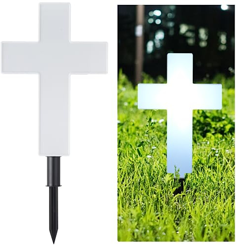 yeesport Solar-Powered Cross Light, Grave Marker Cemetery Decoration, Cemetery Cross for Grave,White LED Light Cross, Garden Stake Light, Outdoor Peaceful Decorative Lamp for Yards, Gardens, Patios
