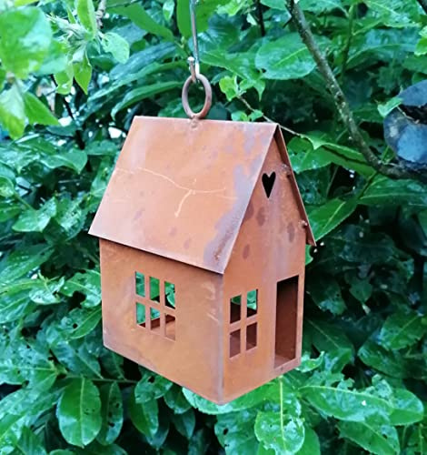 NEU !! Haus -Windlicht zum Hängen 18 cm hoch aus Metall in Edelrost Rost Garten Beleuchtbar Dekoration Landhaus Shabby chic Vintage Herz
