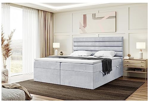 MEBLINI Boxspringbett mit Bettkasten - Gepolstert Doppelbett mit Matratze und Topper - Polsterbett mit Stauraum - Bett mit Kopfteil - Stauraumbett - Karim - 160x200 - H3/Hellgrau Samt