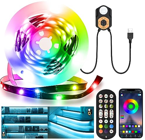 LED Strip Bewegungsmelder 3M,RGB LED Streifen mit PIR Bewegungssensor,Fernbedienung & APP Steuerung Bewegung Aktiviert Licht Leiste,Nachtlicht mit Bewegungsmelder für Treppe,Flur,Schlafzimmer