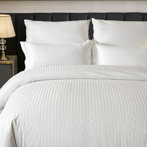 Amolavet Hotel Duvet Cover Queen Size Cotton White Pin Striped Textured with Zipper Duvet Cover Queen 3 Pcs Set 90x90 (1 Duvet Cover & 2 Pillow Shams) Comforter Cover/Quilt Cover Queen Size