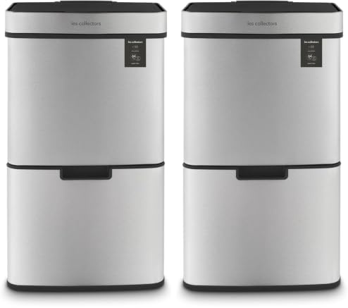 Les Collectors Poubelle de tri à capteur Inox brossé N°1010, Capacité 64L, 3 Compartiments (42+11+11L), Ouverture Supérieure Automatique, Système Détection Infrarouge, Fermeture Silencieuse, Design