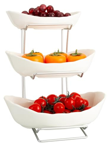 kiss me Tiered Fruit Basket for Kitchen Countertop, 3 Tier Ceramic Fruit Bowl Sets with Metal Stand White Fruit Serving Holder for Snacks Nuts Candy Cake Vegetable Storage (#2 Silver Stand)