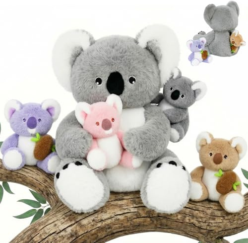 OUOZZZ 5er Set Koala Kuscheltier Plueschtier Mama mit 4 Babys im Bauch | Weiches, waschbares 30cm Koala Set mit Reissverschluss, interactive Plueschtier-Mama ideal als Geschenk fuer Kinder.