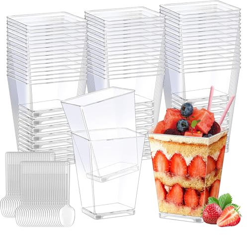 Atliberswo 50 Bicchierini Finger Food,Tazze da dessert da 150 ml,Coppette per tiramisù, con 50 cucchiai inclusi,Ideali per la preparazione di dolci fai-da-te come mousse, budini, gelati, ecc