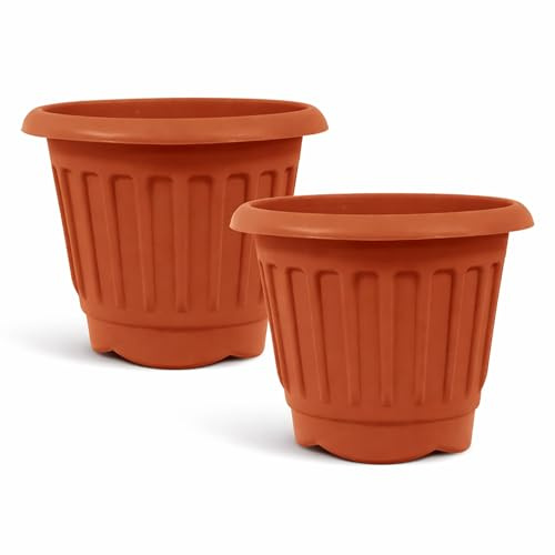 simpa Round Chunky Terracotta Plastic Indoor or Outdoor Planters - Set of 2 Pots 40cm
