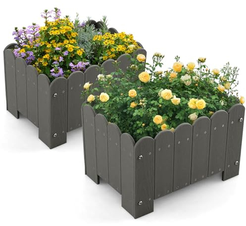 COSTWAY 2er Pflanzkübel wetterfest, Blumenkübel HDPE, Garten Blumenkasten rechteckig, Blumenbeet mit Abflusslücken, Hochbeet Blumentopf Pflanzbeet, Pflanzkasten Blumentrog (45x32x30 cm,Grau)