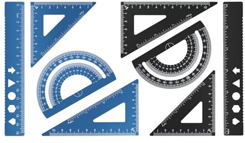 MSDADA 8 Stück Aluminiumlegierung Lineal Set Winkelmesser Dreieck Mathematik Geometrie Set Werkzeug Skala Lineal Set für Schüler Lehrer Ingenieure und Zeichner(Schwarz+Blau)