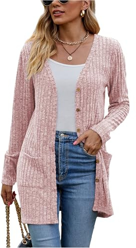 Famulily Ladies Cardigans Long Sleeve Open Front Button Down V Neck Oversized Loose Fitted Swearter (XXL, Pink)