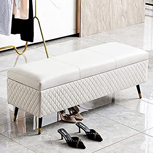 Moderne weiße gepolsterte Leder-Aufbewahrungsbank für Schlafzimmer, Eingangsbereich, hochwertige Bettbank mit 120 x 40 x 45 cm Größe