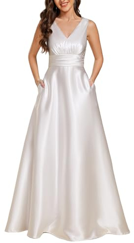 Ever-Pretty Vestido Dama de Honor Largo Elegante con Bolsillos Satín Cuello en V Vestido de Noche Sin Mangas Blanco 36