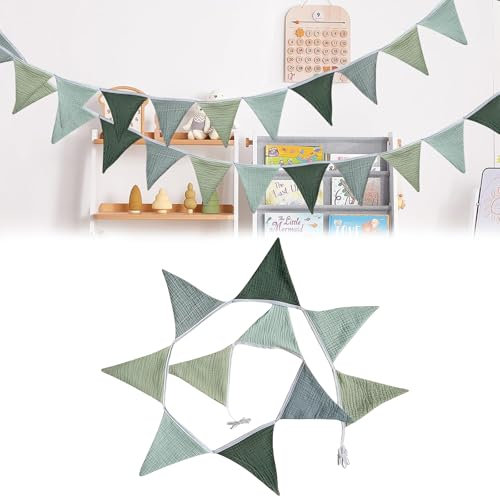 Guirlande de Fanions pour Chambre d'enfant, Guirlande de Fanions pour Chambre de Bébé, Fanions en Mousseline de Coton, Bannière de Drapeau Triangulaire en Tissu, Décoration Murale Cadeau Décoration