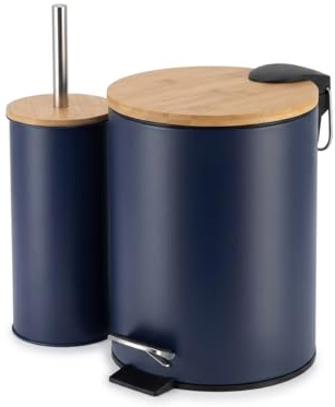 LiKeKa® Badaccessoire-Set 2-teilig – Toilettenbürste & Kosmetikeimer mit Absenkautomatik für Bad & Gäste – Mattes Design & Bambusdeckel – Soft-Close-Technologie (Blau)