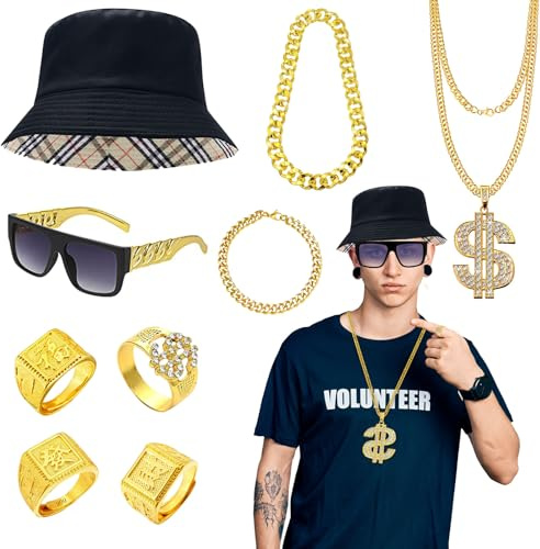 8-teiliges Hip-Hop-Kostümzubehör-Set, 80er/90er Jahre, klobiges Rapper-Rocker-Kostümset mit Dollarzeichen-Ring, Halskette, Armband, Brille für Männer und Frauen, Disco-Mottoparty, Ankleideparty