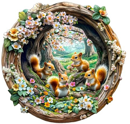 Hakumata Holzpuzzle Erwachsene Spring Eichhörnchen - 34 * 33.1cm holzpuzzle Geschenkbox, Wanddekoration und Geschenk für Freunde und Familien(14 Jahren+)