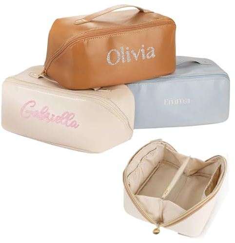 Custom Name Open Flat Travel Makeup Bag Real Leather Lazy Lay Flat Cosmetic Bags for Women Personalised Toiletry Bag Womens Makeup Case Organiser Small Make Up Pouch for Traveling Large Capacity