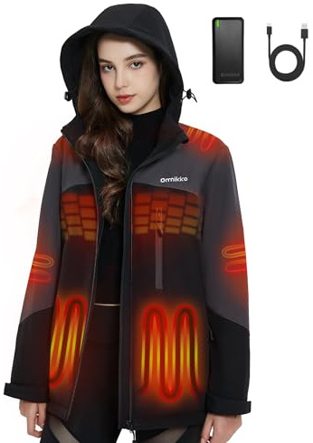 ORRNIKKO Womens Heated Jacket for Women with Battery Pack 20000mAh - Waterproof Electric Heated Jacket with Hood, Keeping Warm for Winter Outdoor Work, Travelling, Daily Wear, Gift Giving