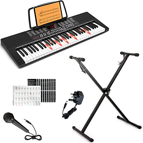Crystals® 61 Key Lighted Electric Keyboard Piano with Stand & Microphone | Electronic Keyboard Piano for Beginners | Portable Electric Keyboard Set - Black (With Single Braced Stand)