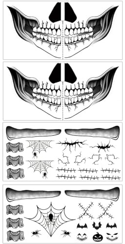4 Blätter Halloween Tattoo Zombie Skelett Vampir Temporäre Tattoos Munden Spinnennetz Gesichts-Tattoo Aufkleber Gesicht Gruselig Halloween Make up Teufel Cosplay Gesichtstattoos Erwachsene Kinder