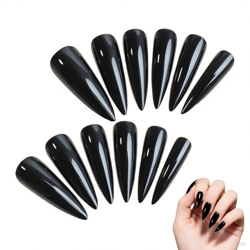 Press on Nails, False Nails Press Ons, Solid Color Stiletto Long, Black | Durable Plastic Almond Nails Resist Chipping, Lightweight Design Feels Natural, Suitable for Daily Wear and Themed Parties