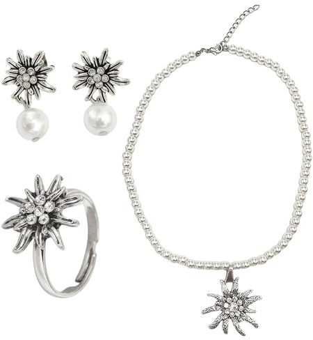 GWAWG 4 Stück Trachtenschmuck Set Trachtenkette mit Strass Edelweiß Herz Anhänger Trachtenschmuck Damen Set Edelweiß Armband und Edelweiß Ohrstecker Bayerisch Dirndlschmuck Trachtenkette