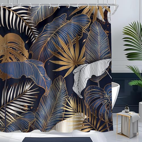 Cinbloo Navy Blue Boho 72Wx72H Shower Curtain Modern Abstract Tropical White Gold Palm Leaves Monstera Hawaii Bathroom Curtain Set Brown Botanical Plants Nature Neutral Bath Bathroom Accessories Decor