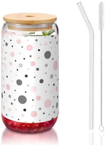Vasos modernos con estampado de lunares, color rosa, gris y blanco, de 16 onzas con tapas y popotes, bonitos vasos de agua para jugo, cerveza, café, té