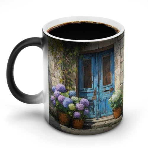Jubonexis Rustic Old Wooden House Hydrangeas Color Changing Mugs Heat Changing Ceramic Coffee Mug Novelty Funny Tea Water Cup 11OZ