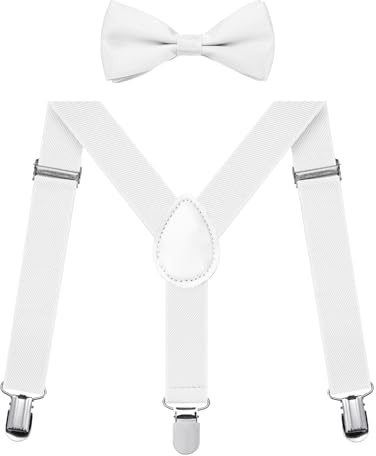 Set di bretelle per bambini con forma a Y elastica, regolabili con clip e papillon per ragazzi e ragazze, bianco, S