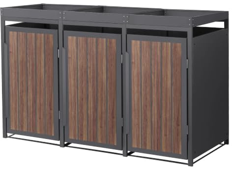 ML-Design Copribidone per Spazzatura 3 Bidoni 240L 196x80x124 cm in Acciaio Antracite Effetto Rovere Scuro con Tetto a Fioriera, Resistente alle Intemperie, Deposito per Bidoni di Rifiuti, Box Bidoni