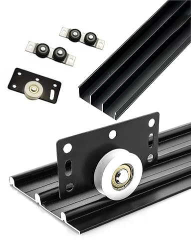 Triple Track Sliding Door Hardware Kit, for Wardrobe/Cabinet/Glass Doors, Upper & Lower Rail Replacement Kit with Silent Sliding Program(Black,Three -Track 86.7)